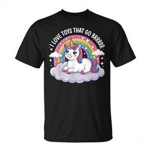 Camiseta con diseño de unicornio y arcoíris de I Love Toys That Go Brrr para un humor divertido - Product Image 2