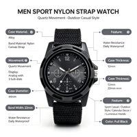 Montre de sport décontractée personnalisée OEM ODM MOQ 500, mouvement à quartz, boîtier en acier inoxydable 40 mm, verre saphir, bracelet en nylon et toile, lumineuse