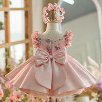 Nouvelle robe de princesse rose pour filles avec manches bouffantes, broderie florale 3D, robe de bal en tulle pour demoiselle d'honneur