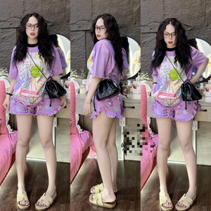 Doux mignon fille été deux pièces ensemble lâche ours imprimé à manches courtes conception dentelle Shorts au-dessus du genou longueur au-dessus du genou - Product Image 2