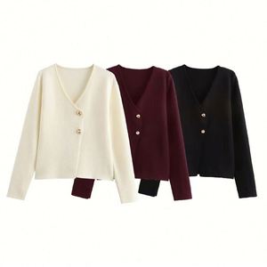 Ropa de mujer 2024 Otoño Invierno nueva moda encaje de un solo pecho Casual asimétrico cuello en V manga larga ajustado de punto - Product Image 1