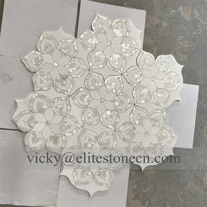 Mosaico <span class=keywords><strong>de</strong></span> Lujo con Diseño Floral, Mosaico <span class=keywords><strong>de</strong></span> Mármol Blanco Thassos con Incrustaciones <span class=keywords><strong>de</strong></span> Madreperla para Paredes Interiores - Product Image 3