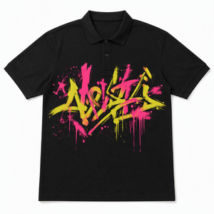 Polo Negro para Hombre con Estampado de Grafiti Neón, Manga Corta, Casual, Transpirable, 100% Poliéster, Tela Oxford - Product Image 1