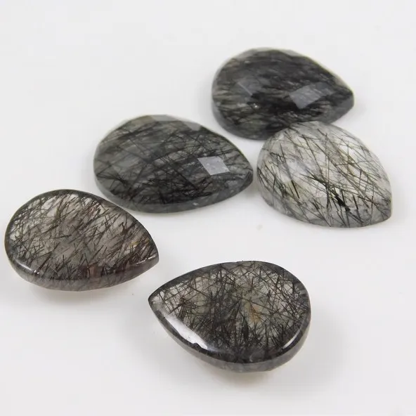 Pietra preziosa a forma di pera con Cabochon di quarzo rutilato nero naturale