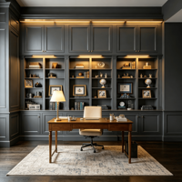 Meuble de rangement en contreplaqué moderne sur mesure avec dosseret, tiroirs coulissants et bande LED intégrée sous évier - Noir