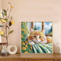 Kit de Peinture Diamant DIY Chat Gingembre Fleur de Fenêtre 30x30cm, Artisanat Artistique en Strass de Cristal pour Décoration Intérieure