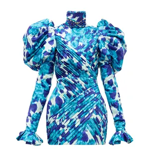 Модное Плиссированное мини-платье с длинным пышным плечом и цветочным принтом, вечерние женские платья