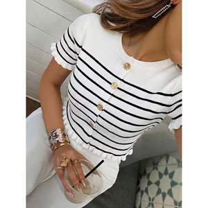 <b>Striped</b> <b>Cropped</b> Slim Fit Cardigan White Women's Knit <b>Top</b> - Product Image 2