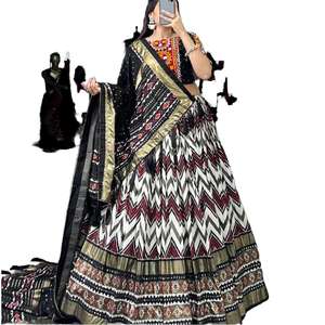 El último diseñador Tussar Seda en relieve Impreso Trabajo Mujer Lehariya Lahenga Choli para fiesta Festival por FabZone - Product Image 1