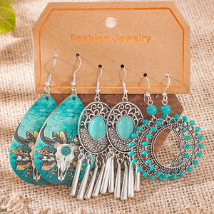 Boucles d'oreilles pendantes tendance pour femme en alliage argenté tibétain avec turquoise sertie, motif floral, style bohème, ensemble de bijoux - Product Image 2