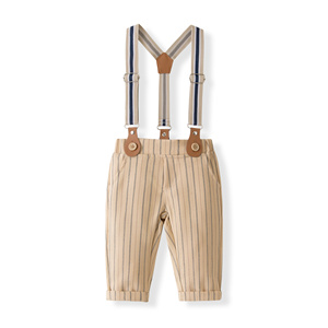 Catpapa Vente en gros Ensemble pour tout-petit garçon : Barboteuse unie, <span class=keywords><strong>Pantalon</strong></span> à bretelles rayé kaki, Nœud papillon et Chapeau - Product Image 5