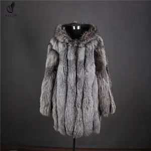 ALICEFUR Wholesale price high quality hooded long silver fox fur coat for men