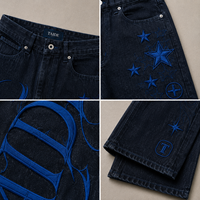 TaiDe – Jean évasé en denim brut avec logo personnalisé, broderie graphique tribale, indigo – Fournisseur vérifié OEM ODM – Usine de vêtements