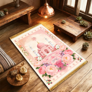 Alfombra de Oración <span class=keywords><strong>Rosa</strong></span> de Terciopelo con Diseño Floral Estampado, con Borla, Antideslizante y Plegable - Product Image 3
