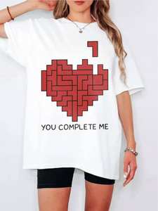 T-Shirt per Coppie di San Valentino con Stampa Cuore Geometrico, Collo Tondo, Manica Regolare, Vestibilità Casual, 100% Cotone, per Primavera ed Estate - Product Image 1