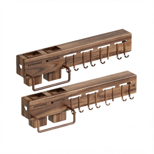 Étagère murale en bois pour ustensiles de cuisine - Support à épices avec crochets pour couteaux, cuillères et baguettes - Product Image 1