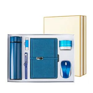 Hot selling A5 plain notebook+vacuum flask+USB flash drive+pen+speaker+wireless mouse luxury gift set business