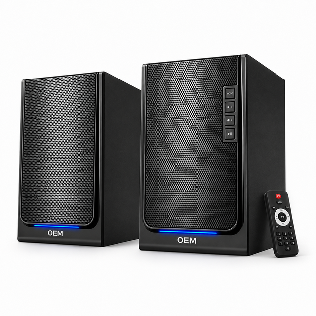 OEM 2.0 Channel Desktop Speakers with Remote Control Blue LED Light for Computer Audio Output