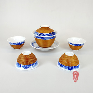 Zhuqige Jingdezhen Handmade Tea <b>Set</b> With Bamboo Inlay Porcelain Blue And White Design For Art Collectible Use - Product Image 1