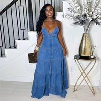 Robe en jean pour femme, nouvelle collection été, tendance et sexy, col en V, dos nu, vente en gros