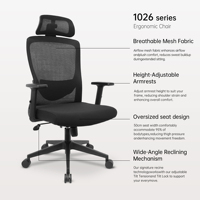 Chaise de bureau ergonomique AODA en maille avec appui-tête 2D réglable, siège confortable surdimensionné, pivotante