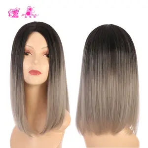 JINRUILI Wholesale Synthetic Hair Mid Length Straight Wig Black Grey Ombre Natural Pixie Wig Short Bob Wig For Woman