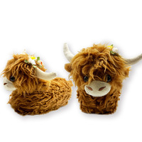 Sandal Sapi Highland Laris Manis, Sandal Bulu Yak Skotlandia dengan Jepitan Bunga, Sandal Hewan Kartun, Sepatu Rumah, Sepatu Anak