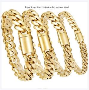 Bracelet <span class=keywords><strong>en</strong></span> acier inoxydable plaqué <span class=keywords><strong>or</strong></span> 14 carats, bouton cubain brillant crypté, bijoux pour hommes et femmes, chaîne à maillons géométriques, tendance, 6/8/10/12/14 mm - Product Image 1