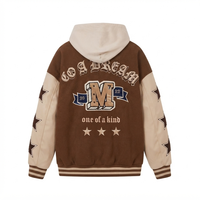 Blouson universitaire unisexe en mélange de laine marron, coupe-vent écologique, à capuche, col montant, avec broderie écusson lettre M en chenille et étoiles sur le devant