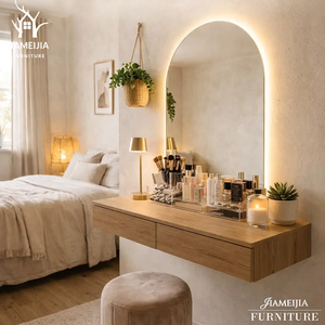 Estación <span class=keywords><strong>de</strong></span> Maquillaje LED Blanca con Espejo Ovalado Retroiluminado y Detalles Dorados, Escritorio Flotante para Dormitorio, Apartamento o Residencia Universitaria con Taburete - Product Image 6