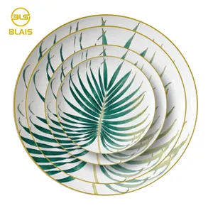 decoration party products pottery tableware gold rim palm leaf home crockery set