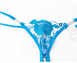 กางเกงในผู้หญิงสไตล์ใหม่สุดเซ็กซี่ สีฟ้า แบบทีแบ็ค ปักลายดอกไม้ ลูกไม้ประดับมุก เป้าเปิด โบว์ผูก กางเกงในเซ็กซี่แบบจีสตริง - Product Image 5