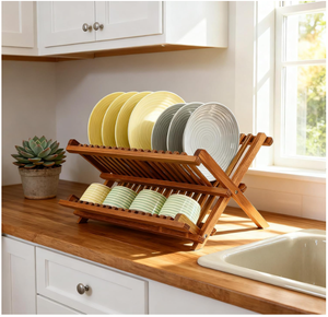 Teak Dish Drainer <b>Rack</b> Collapsible 2 Tier Dish <b>Rack</b> Dish Drying <b>Rack</b> Foldable <b>Plate</b> Organizer Holder for Kitchen Countertop - Product Image 5