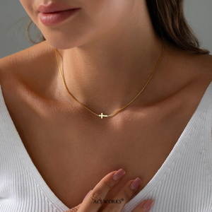 <b>Sideways</b> <b>Cross</b> <b>Necklace</b> | 18K PVD Gold Plated Stainless Steel Box Chain <b>Cross</b> Pendant | Waterproof Hypoallergenic & Tarnish Free - Product Image 2