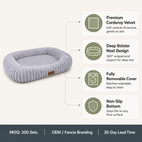 Lit pour animaux de compagnie en velours côtelé à poils coupés de forme ovale, avec rebord épais et éponge haute densité, pour chiens et chats, tailles S à XL, vente en gros