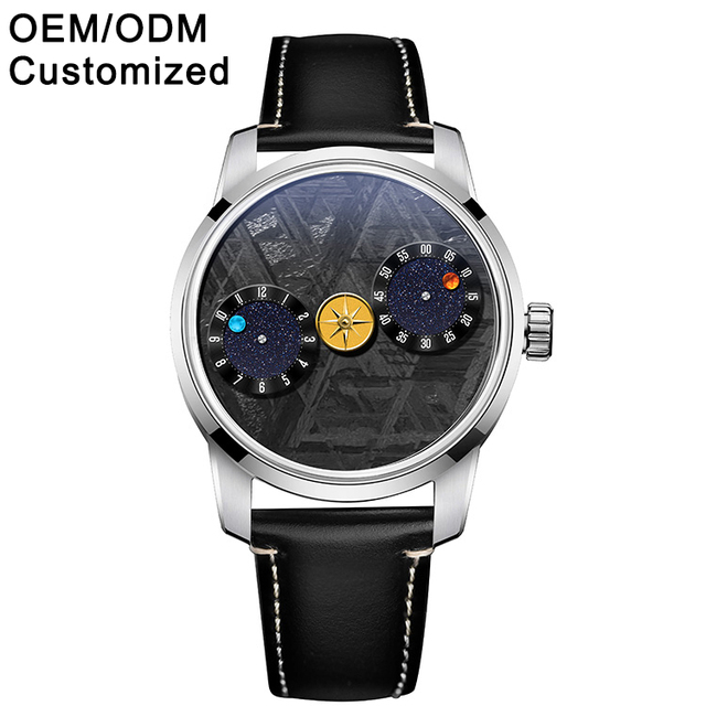 Private Label Wristwatch Customized Automatic Wandering Hours Watch With 316l Stainless Steel Case Leather Meteorite Stone Dial