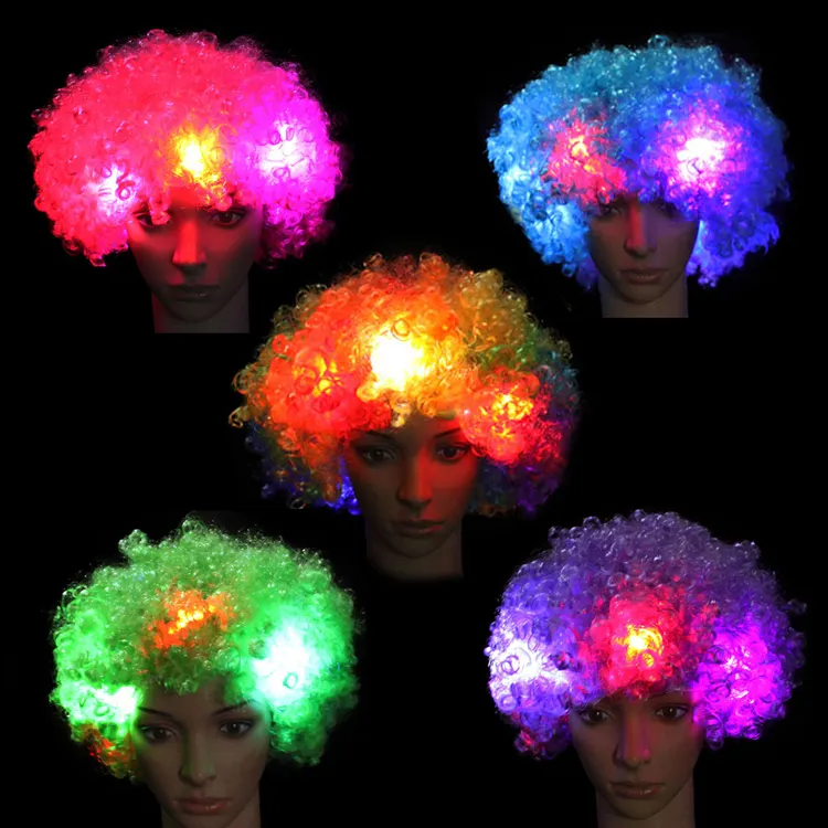 Perruque de fête à LED avec lumière Fans de football applaudissant la lumière courte bouclée Flash Explosion perruque cheveux à LED