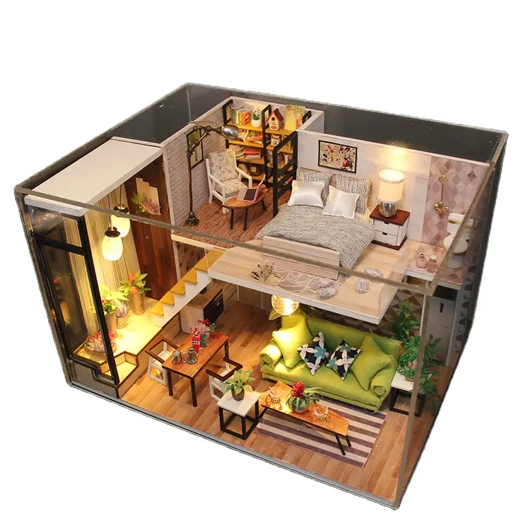 Casa en miniatura para Loft, casa hecha a mano con accesorios, cubierta a prueba de polvo, muebles en miniatura