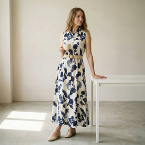 Nuovo Abito Chemisier Senza Maniche Blu Bianco Floreale Lungo <span class=keywords><strong>Maxi</strong></span> OEM ODM Personalizzato Ingrosso Casual da Donna per Serate e Feste - Product Image 3