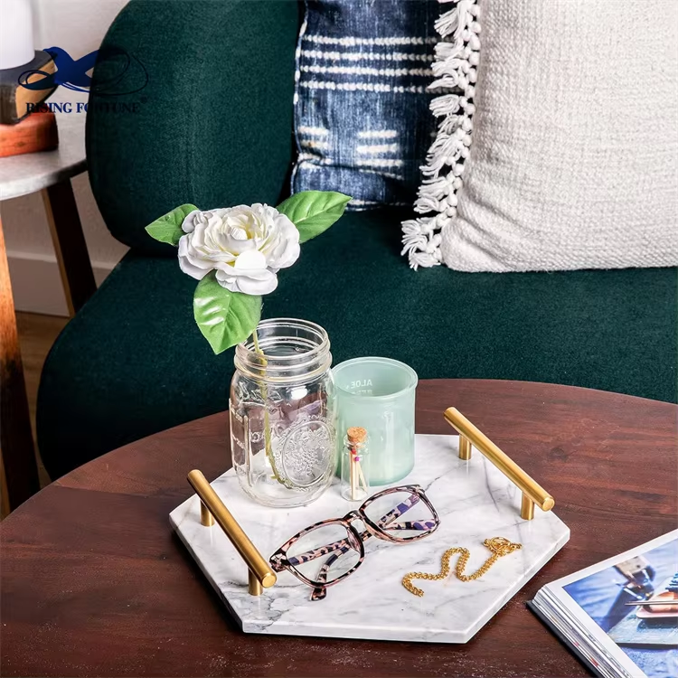 Modern Natural Marble Hexagon Tray with Golden Handles Mable White Trinket Tray Accessory for Serving Hotels Sanitary Ware Suite