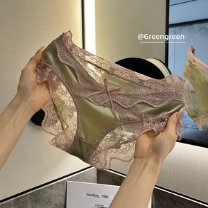 Culottes en satin de luxe pour femmes, taille mi-haute, avec nœud décoratif et bordure en dentelle, transparentes, respirantes, élégantes, vente en gros - Product Image 1