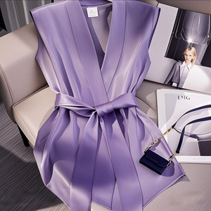 Vestido de Gasa sin Mangas Color Vino Tinto, Estilo Francés Elegante y Sofisticado, Diseño Exclusivo de Alta Gama, con Cinturón Anudado, para Primavera - Product Image 1