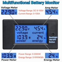 Medidor de Energía, Voltaje y Amperaje CC 100V 100A, Monitor de Batería, Voltímetro, Amperímetro con Shunt de 100A, Monitor de Energía Solar