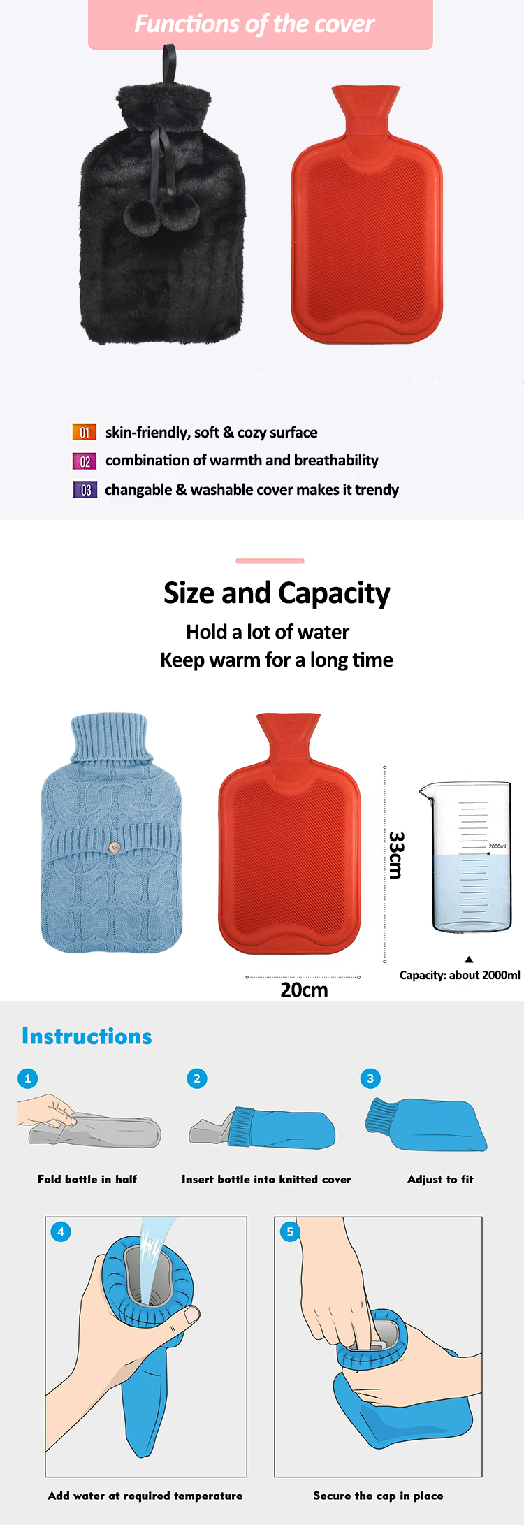 free sample hot water bottle gift set rubber hot water bag 2l plush cover and soft socks