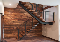 CBMMART Escalier moderne en acier au carbone Garde-corps en verre droit Lumière LED Main courante en bois Marches Escalier en bois de chêne rouge