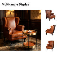 Fauteuil Rétro Vintage Marron en Cuir Véritable Capitonnée, Fauteuil Simple à Dossier Haut et Ailes pour Hôtel, Salon, Salle VIP d'Aéroport