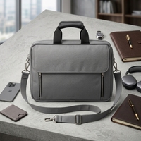 Porte-documents pour ordinateur portable gris clair, décontracté et simple, avec rabat, en tissu polyester doux résistant à l'eau, deux poches verticales avant zippées, anneau en D