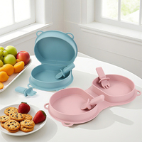 Assiette, fourchette et cuillère pliables en silicone pour bébé, motif de dessin animé mignon, sans BPA, personnalisable, ensemble de voyage, qualité alimentaire, facile à nettoyer