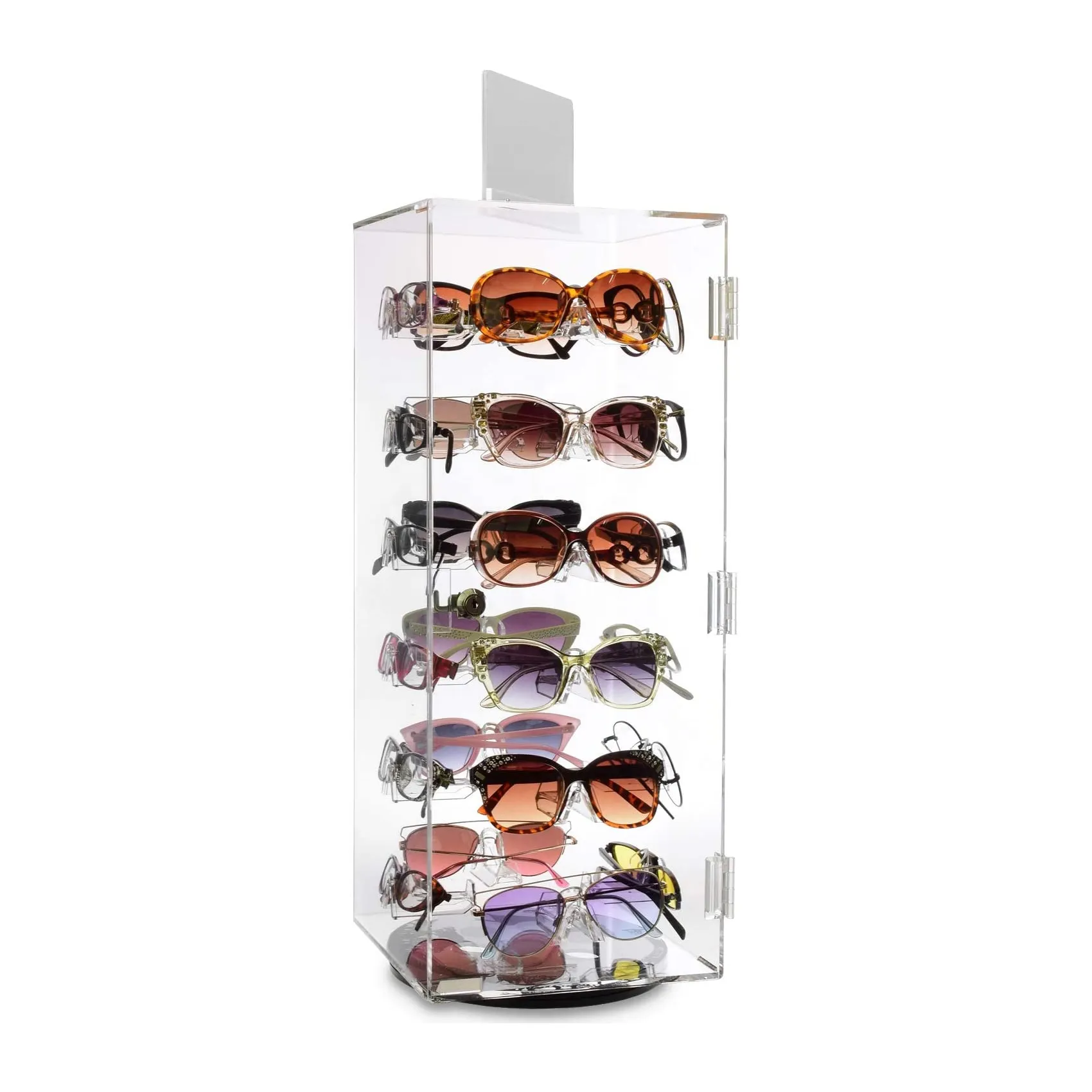 Estuche de exhibición de gafas de sol giratorio Bloqueable, caja de almacenamiento de accesorios, escaparate de exhibición de gafas acrílicas con soporte de señal