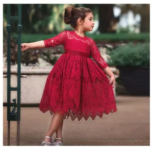 Gaun Anak Perempuan 3-7 Tahun, Gaun Pesta Renda Semi Formal dengan Lengan Pita Rok Lipat, Pakaian Putri